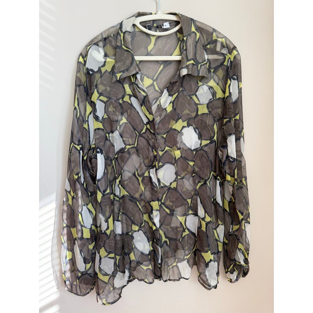 Max Mara 100% Silk Sheer Abstract Black Yellow Print Blouse Size 25 Est US M/L